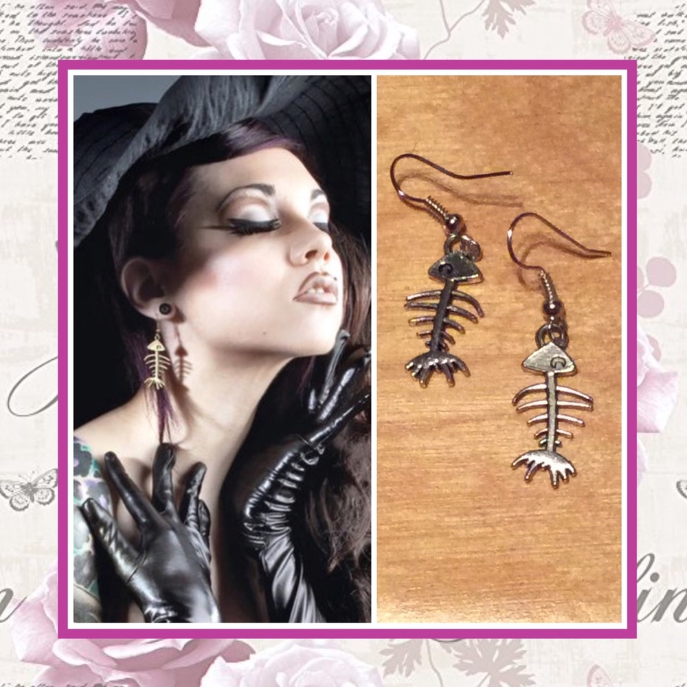 🌺 FISHBONE SKELETON DANGLE EARRINGS FISH GOTHIC EMO 925 SILVER DOLLS KILL WITCH